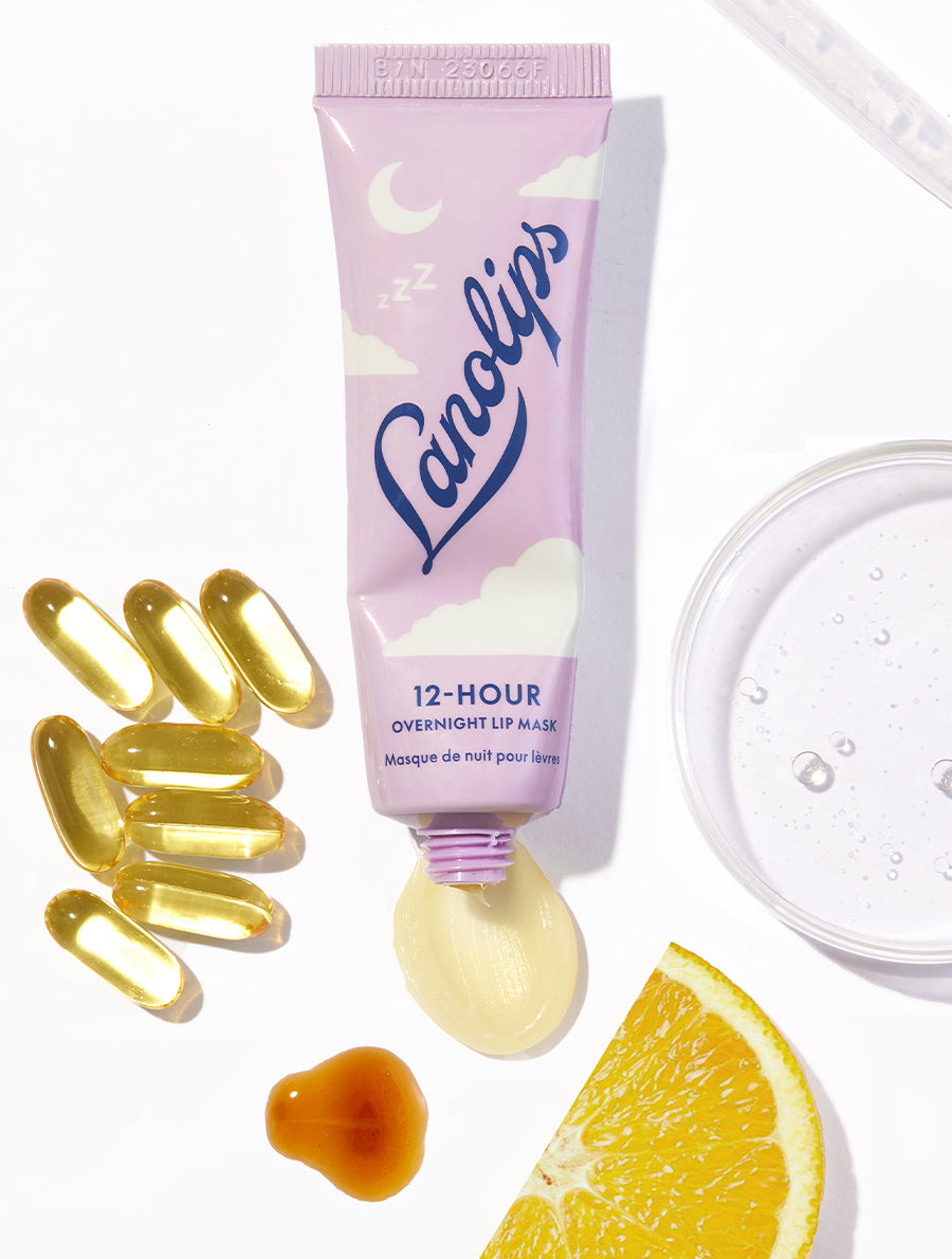 The hero ingredients in Lanolips 12 Hour Overnight Lip Mask include ultra-pure lanolin, hyaluronic acid, vitamin c, vitamin e and ceramides