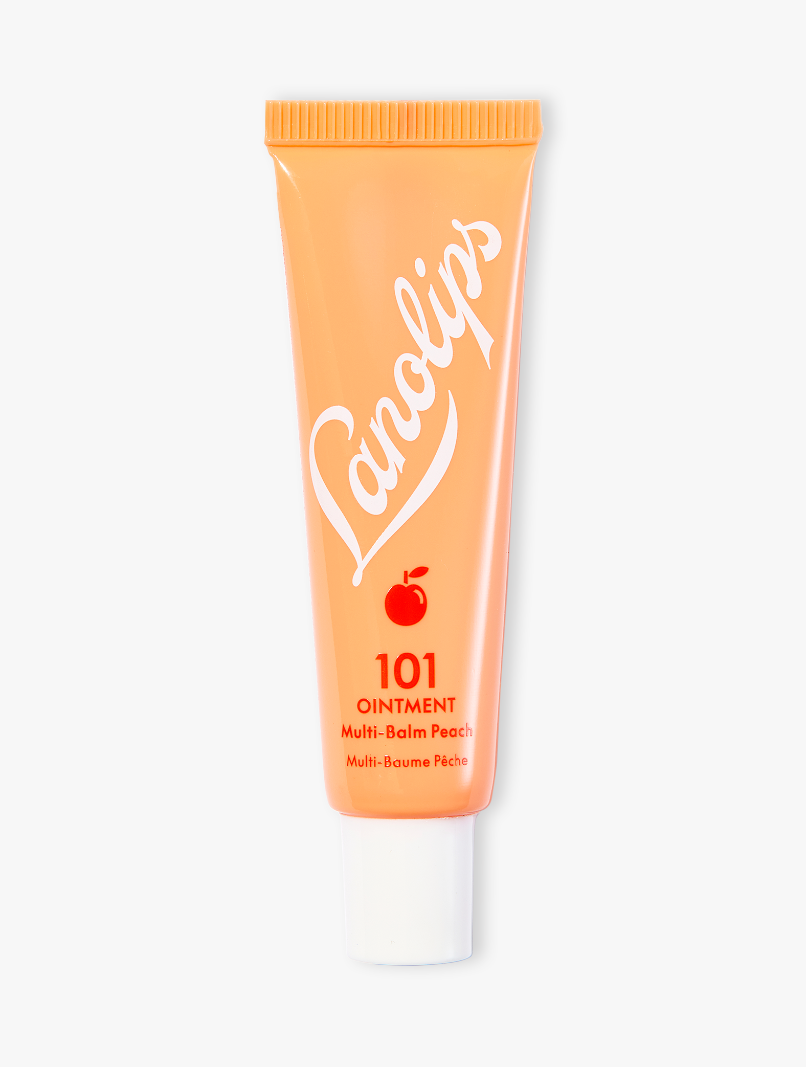 Product shot of the Lanolips 101 Ointment Multi-Balm Peach, featuring the closed tube. 101 Ointment Multi-Balm Peach is part of our 101 Flavoured lip balm range. The World's Best Lip Balm infused with with with silky peach kernel oil & vitamin E. This super-rich balm penetrates and seals in moisture to give long-lasting hydration for dry chapped lips, skin patches, cuticles, elbows & more.