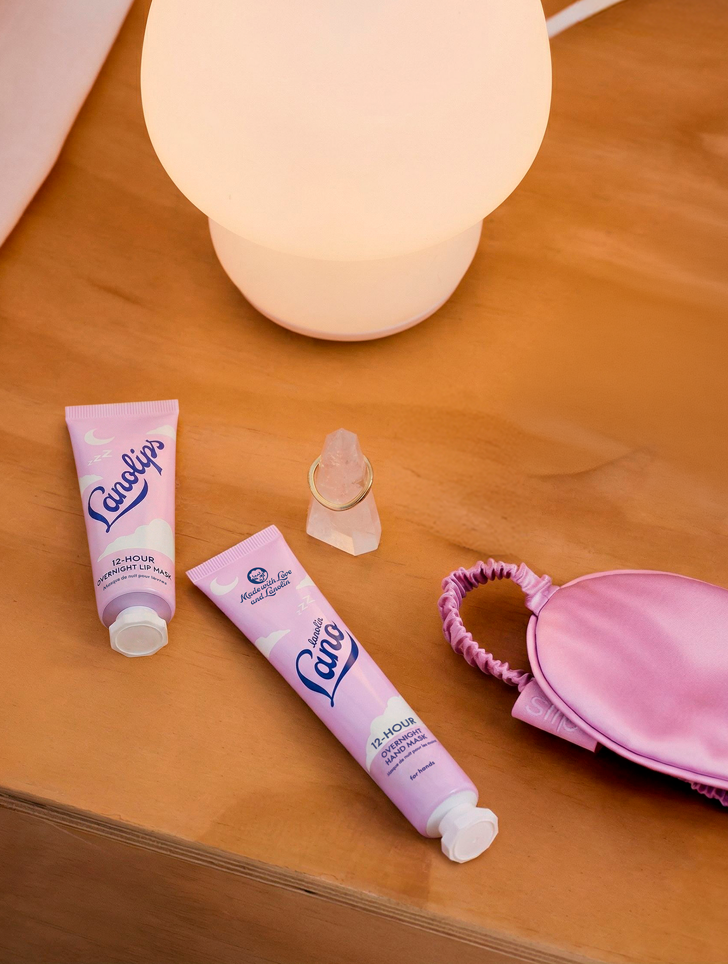 Lanolips 12 Hour Overnight Lip Mask and 12 Hour Overnight Hand Mask bedside skincare routine.
