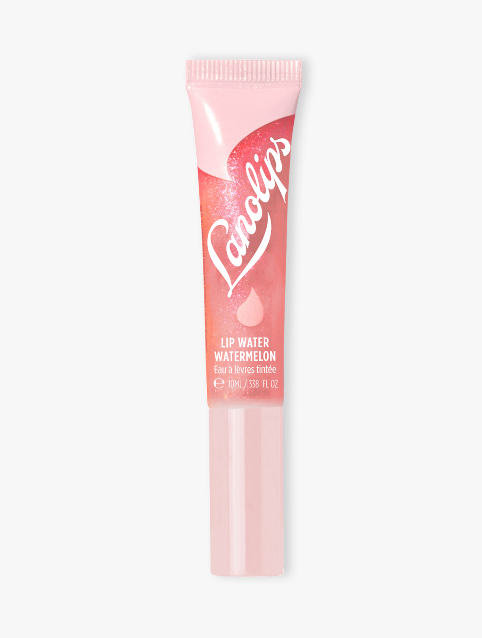Lanolips lip water tube with pink packaging on a white background