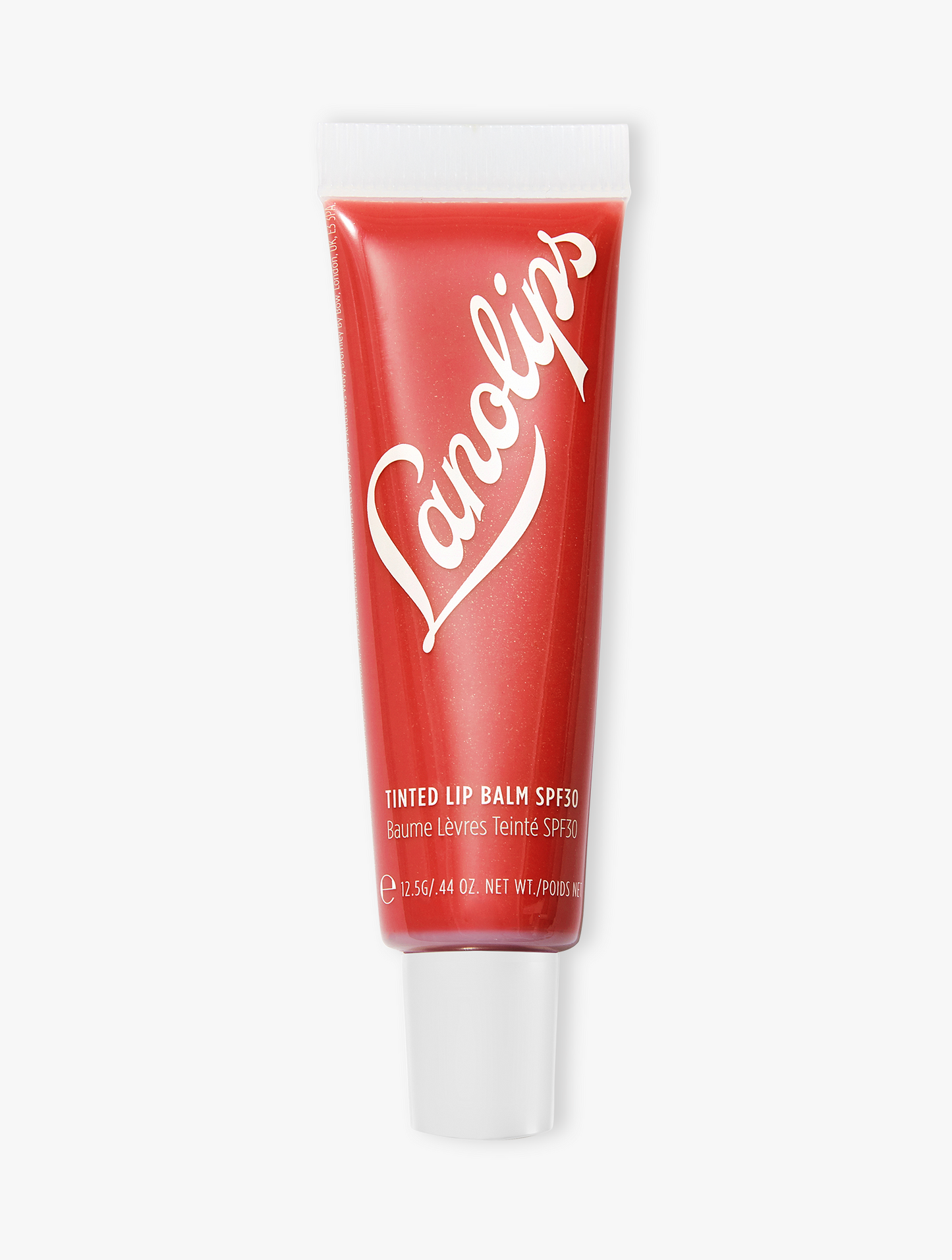 Product shot of the Lanolips Tinted Balm in Red Apple. A blood red tint, that makes your lips look bitten.