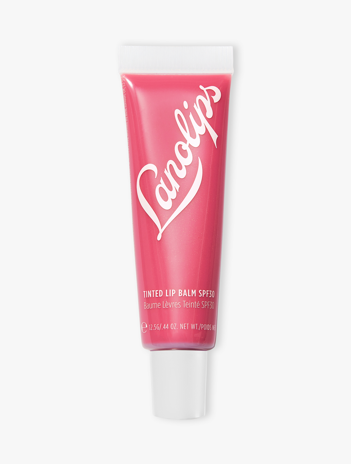 Product shot of the Lanolips Tinted Balm in Rhubarb. Lanolin-rich lip moisturiser with a sheer colour tint.
