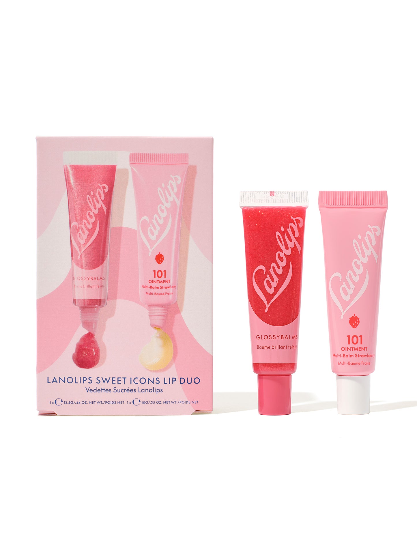 A still shot of the Lanolips Sweet Icons Lip Duo packaging. The duo contains best selling Glossy Balm Candy and 101 Ointment Multi-Balm Strawberry.