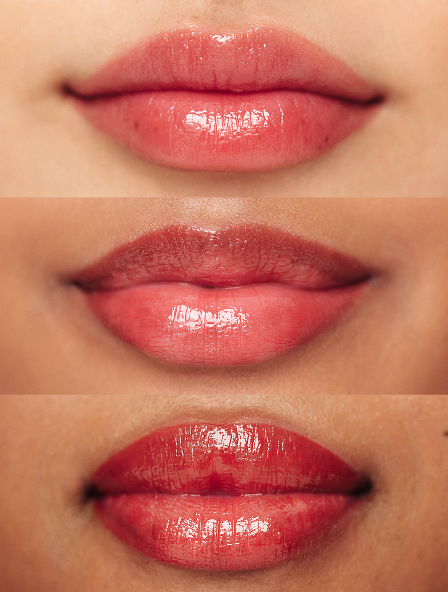 Lip swatches of the Lanolips Tinted Lip Balm SPF30 in Red Apple on different skin tones