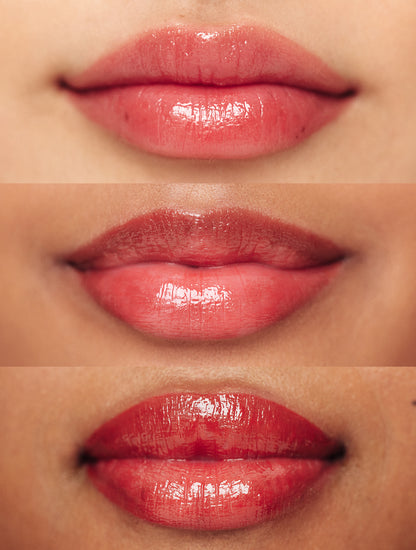 Lip swatches of the Lanolips Tinted Lip Balm SPF30 in Red Apple on different skin tones