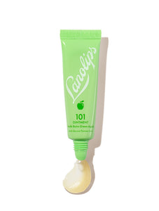 Lanolips 101 Ointment Multi-Balm Green Apple in a fresh green squeezable tube with a white cap. The packaging features the Lanolips logo in crisp white lettering and a small apple icon, highlighting its fruity, nourishing formula. A dollop of the rich, glossy balm is visible at the opening, showcasing its ultra-hydrating texture. Infused with lanolin and green apple extract, this balm provides deep moisture and a refreshing scent, perfect for soothing dry lips and skin.
