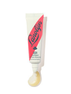 Lanolips 101 Ointment Multi-Balm Watermelon in a white squeezable tube with a bold pink diagonal design and a white cap. The packaging features the Lanolips logo in deep navy lettering, along with a small watermelon icon. A swirl of the rich, glossy balm is visible at the opening, showcasing its nourishing texture. Infused with lanolin and watermelon extract, this balm deeply hydrates and softens lips and skin while delivering a refreshing watermelon scent.
