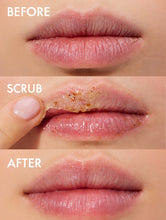 Before, during and after shot of our Lanolips Lip Scrub Coconutter. A balm based scrub made with sugar + exfoliating, ground fruit pieces to exfoilate and hydrate your lips.
