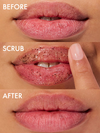 Before, during and after shot of our Lanolips Lip Scrub Strawberry. Our lip scrub enhances lip brightness by eliminating excess dead skin layers. Freshly scrubbed lips instantly appear healthier, feel smoother, and absorb balm more effectively