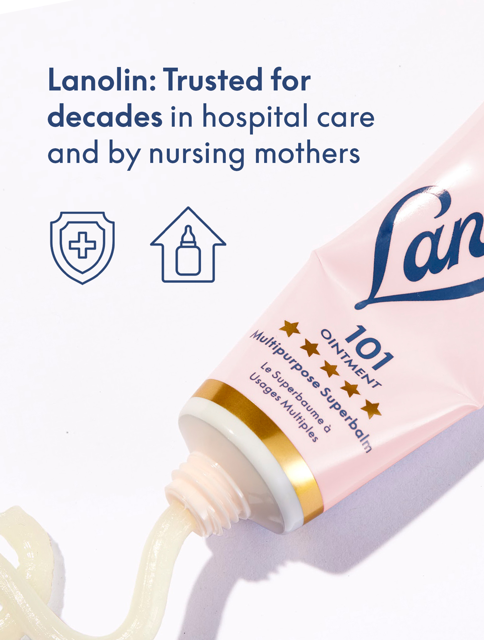 Infographic for lanolips 101 ointment multipurpose superbalm - lanolin trusted for decades in hospital care and by nursing mothers.