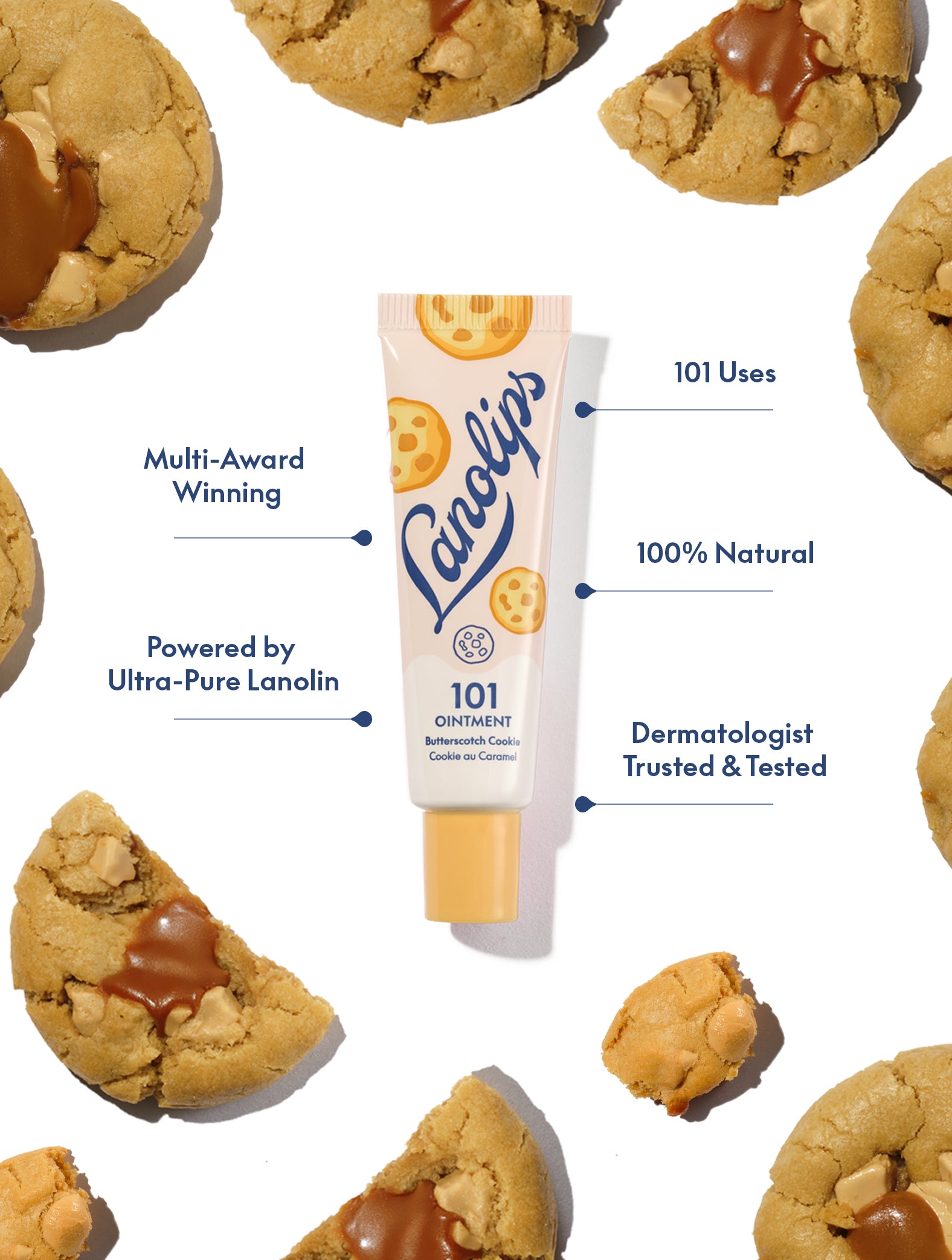 Lanolips 101 Ointment Multi-Balm in Butterscotch Cookie flavour from the 101 Delicious collection. Infographic highlighting 100% natural, ultra-pure lanolin, dermatologist tested, and 101 uses, surrounded by gooey caramel biscuits.