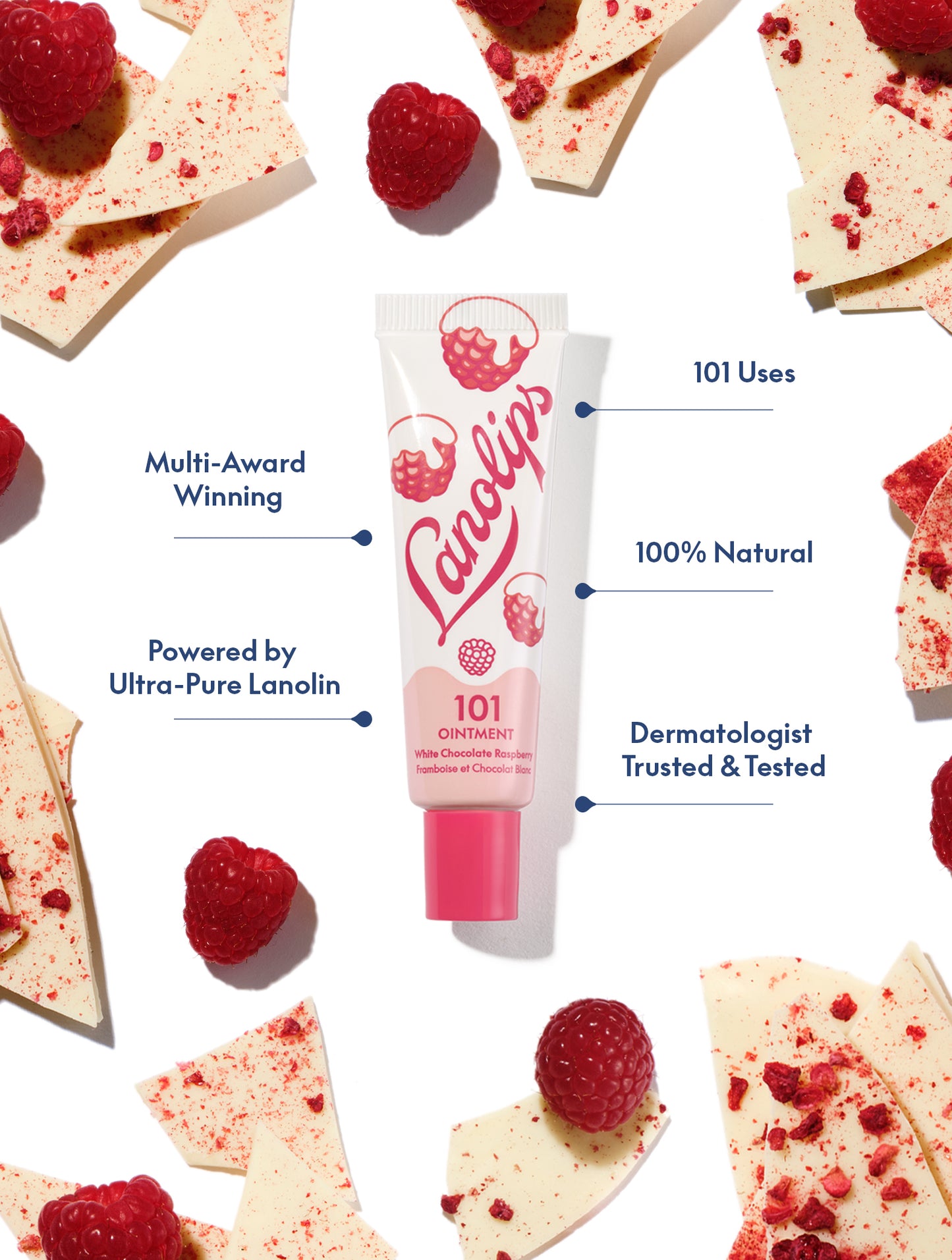 Lanolips 101 Ointment Multi-Balm in White Chocolate Raspberry, 100% natural ultra-pure lanolin lip balm and skin ointment, dermatologist tested with 101 uses, surrounded by fresh raspberries and white chocolate shards.