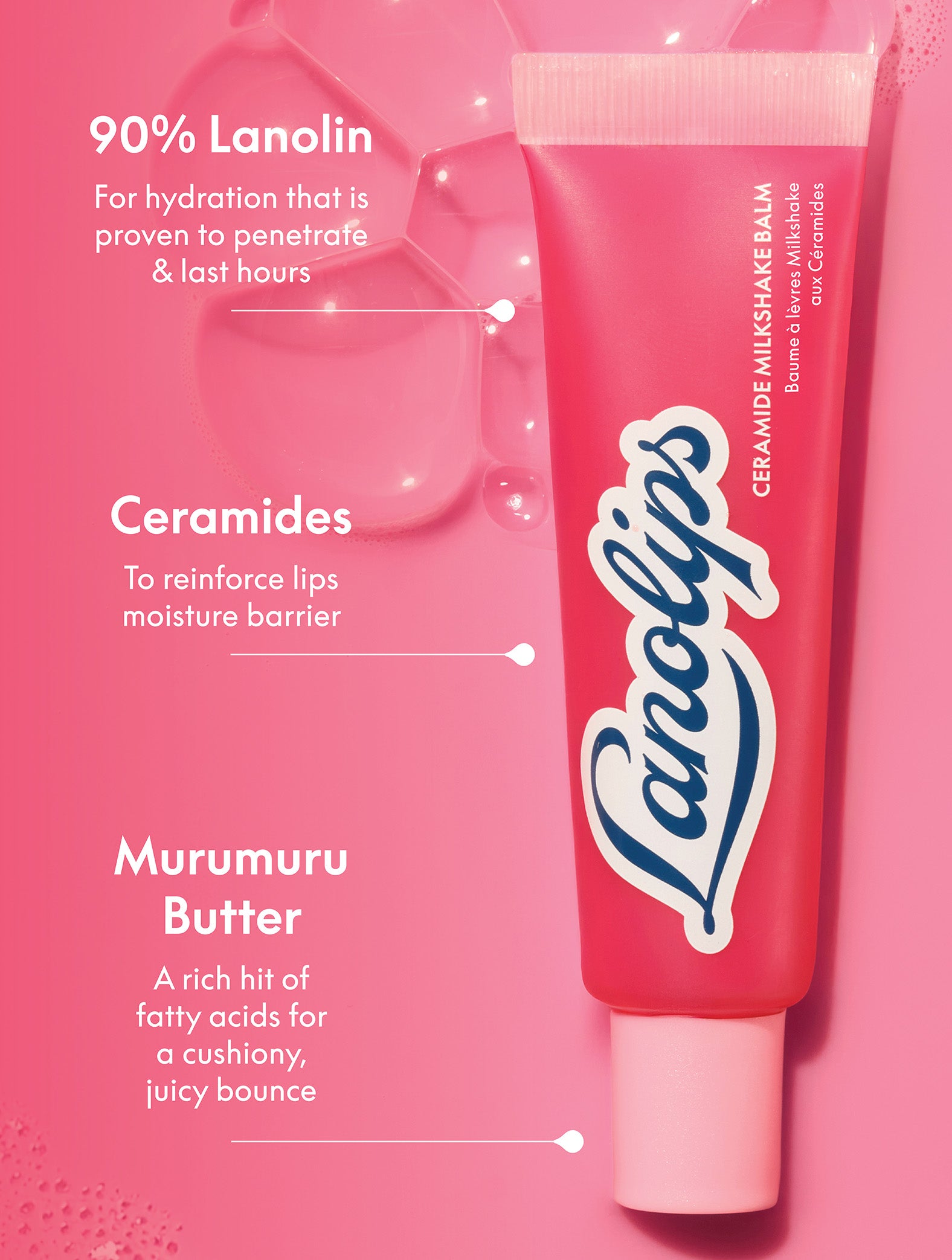 Lanolips Milkshake Ceramide Balm in Raspberry Crumble with ingredient callouts highlighting 90% lanolin, ceramides and murumuru butter for hydration and lip barrier support