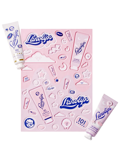 Puffy sticker sheet with Lanolips products 101 Ointment and 12 Hour Overnight Lip Mask images and branding on a pink background.
