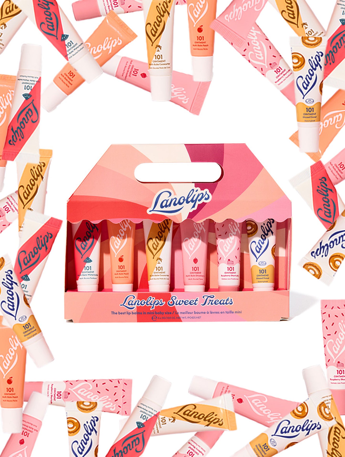 Lanolips Sweet Treats contain 6 mini lip balms in 101 Fruities Ointment flavours Watermelon, Peach, Coconutter, Strawberry, Raspberry Shortcake and Glazed Donut