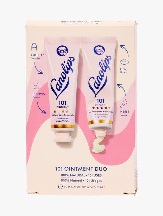 Product shot of the Lanolips 101 Ointment Duo packaging on a white background.
