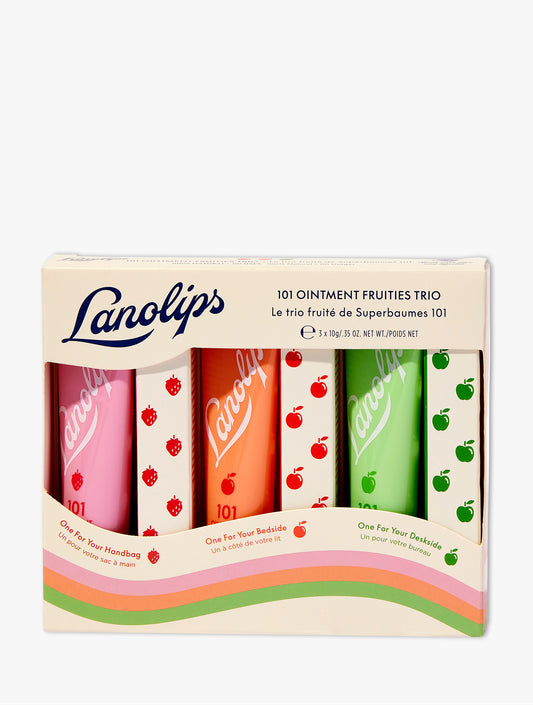 Product shot of the Lanolips 101 Ointment Fruities Trio on a white background. The trio set contains our best selling 101 Strawberry, 101 Peach and 101 Green Apple. 
