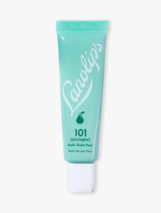 Product shot of Lanolips 101 Ointment Multi Balm Pear tube with mint green and white design on a white background. 
