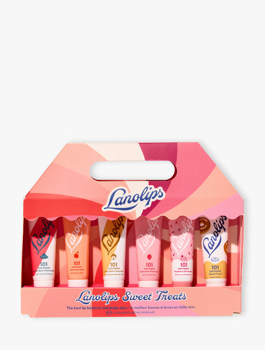 Product shot of the limited edition Lanolips Sweet Treats Lip Balm Set in pink packaging, displayed on a white background. This gift set features six 3g mini lip balms of our best-selling 101 Ointment flavours: Watermelon, Peach, Coconutter, Strawberry, Raspberry Shortcake, and Glazed Donut - perfect for travel, gifting, or trying all your favourites.
