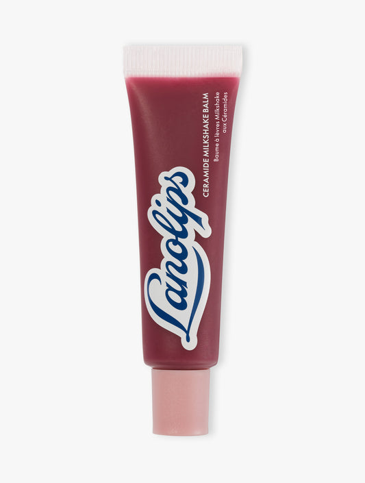 Lanolips Ceramide Milkshake Balm Mocha Choca, a plummy chocolate mocha tinted lip balm made with 90% lanolin, ceramides and murumuru butter