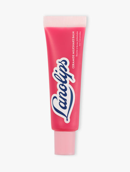 Product shot of the Lanolips Ceramide Milkshake Balm in Raspberry Crumble, a sheer, creamy raspberry tint. 