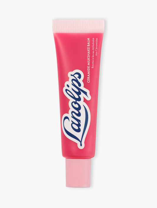 Product shot of the Lanolips Ceramide Milkshake Balm in Raspberry Crumble, a sheer, creamy raspberry tint. 