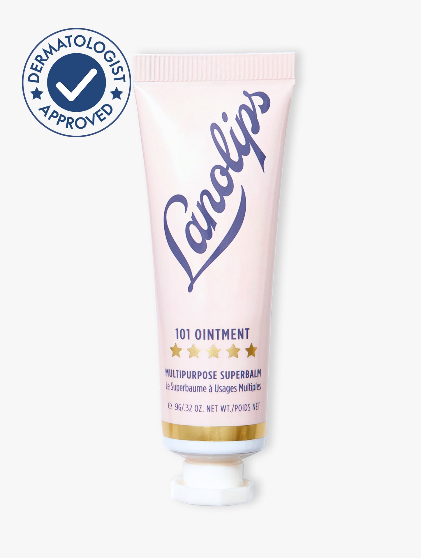 Product shot of the Lanolips 101 Ointment Multipurpose Superbalm 9g, featuring the closed tube. 101 Ointment contains ultra-pure grade lanolin, this super-dense balm penetrates & help seal in moisture. It gives the most intense hydration for dry & chapped lips, skin patches, cuticles, elbows & more.